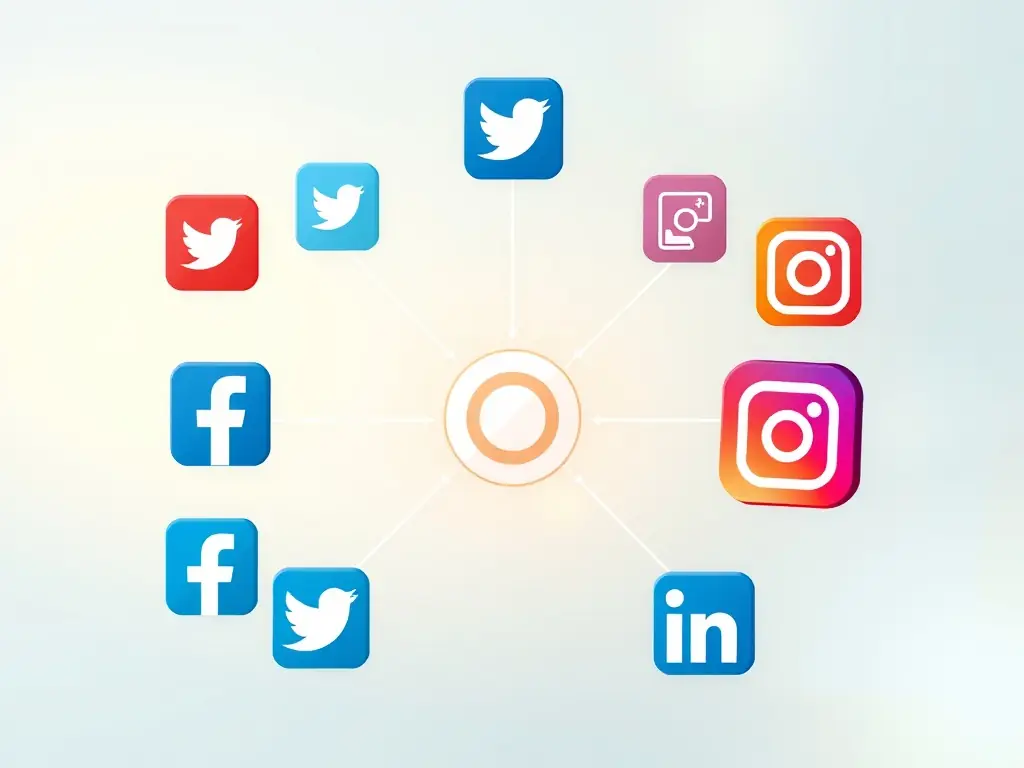An image featuring diverse social media platforms with engaging content being shared, representing the power of social media management. The image should be vibrant and connected.