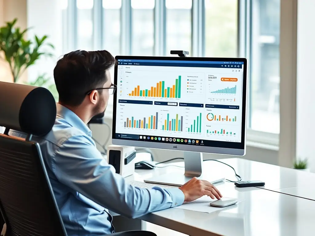 A digital marketing specialist is using an AI-powered dashboard to analyze campaign performance, with charts and graphs illustrating key metrics and insights.