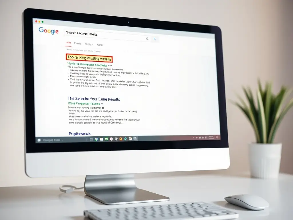 A high-quality image depicting a search engine results page (SERP) with a website ranking at the top, symbolizing successful SEO. The image should convey authority and visibility.