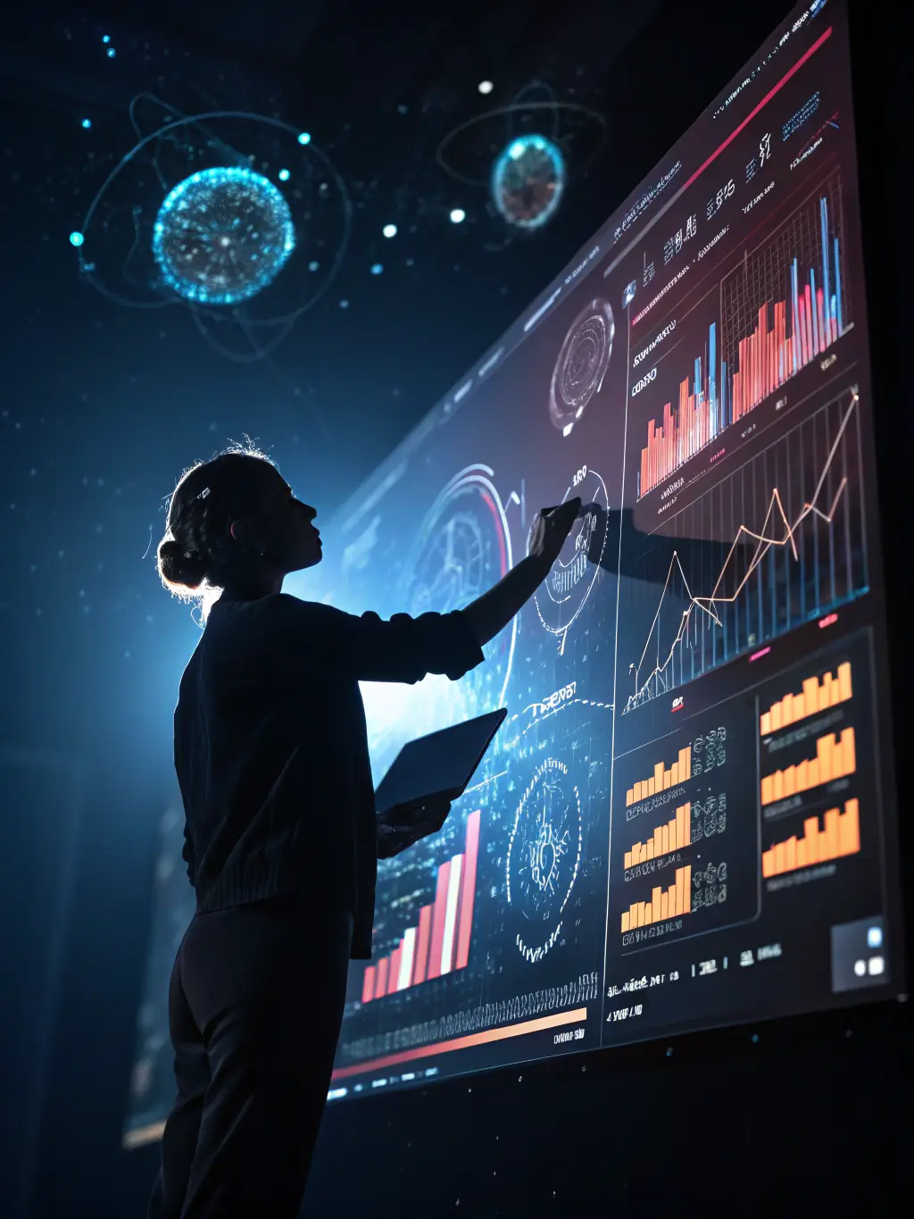 A digital illustration depicting an AI agent with multiple screens displaying real-time marketing data and conversion metrics, symbolizing its analytical capabilities.